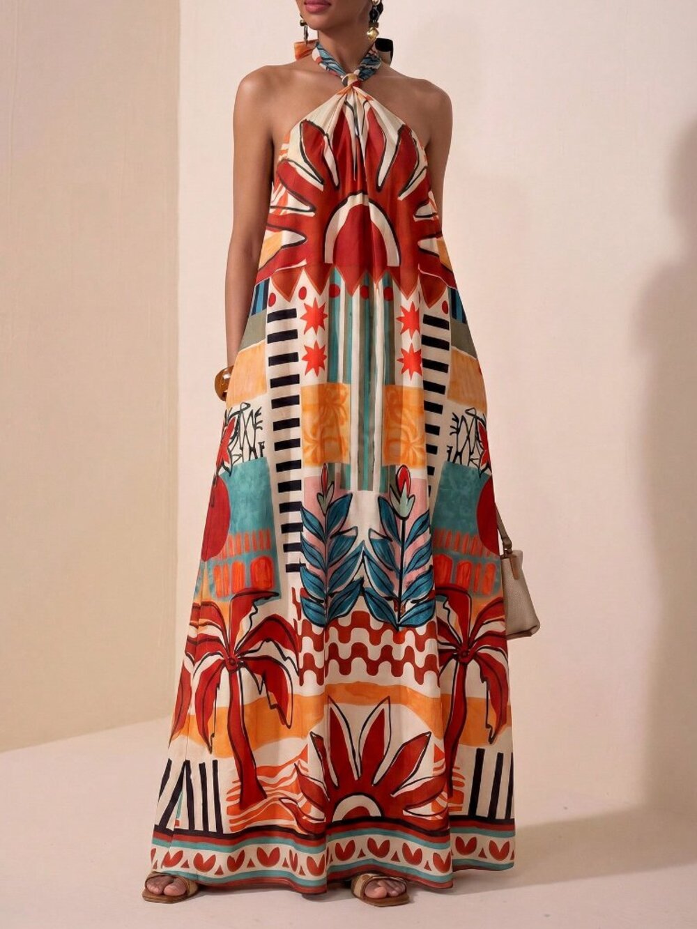 Multicolor Boho Women's Halter Neck Tie Front Open-back Pockets Maxi Dress